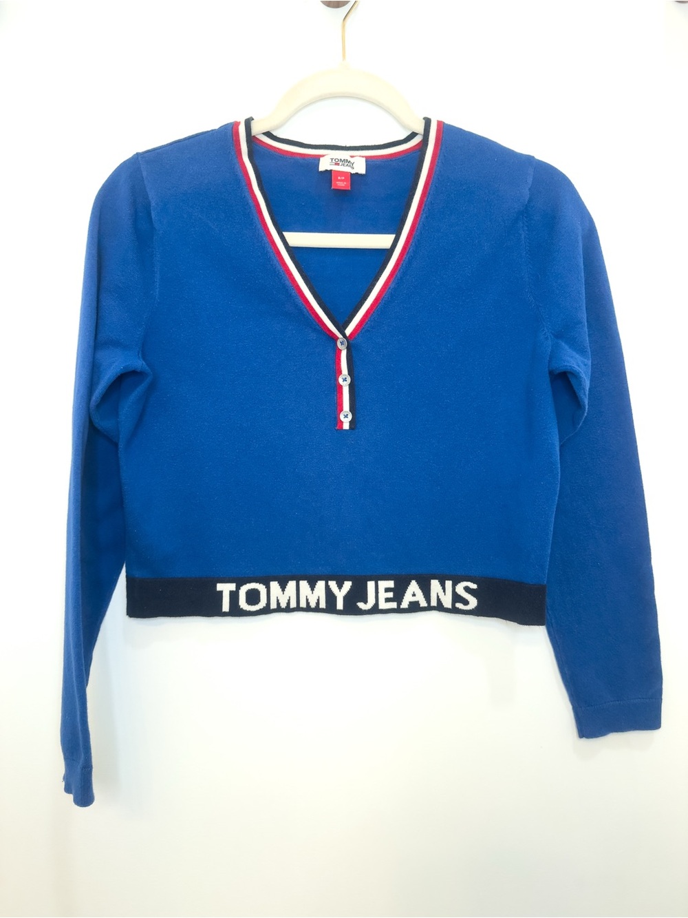 Tommy Jeans Cropped Logo Band V-Neck Sweater Size S Blue Y2K Stripe Trim
